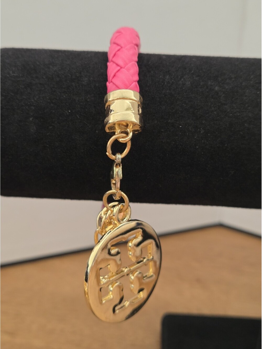 Tory Burch Pink Braided Leather Bracelet Gold Tone Double T Logo Charm